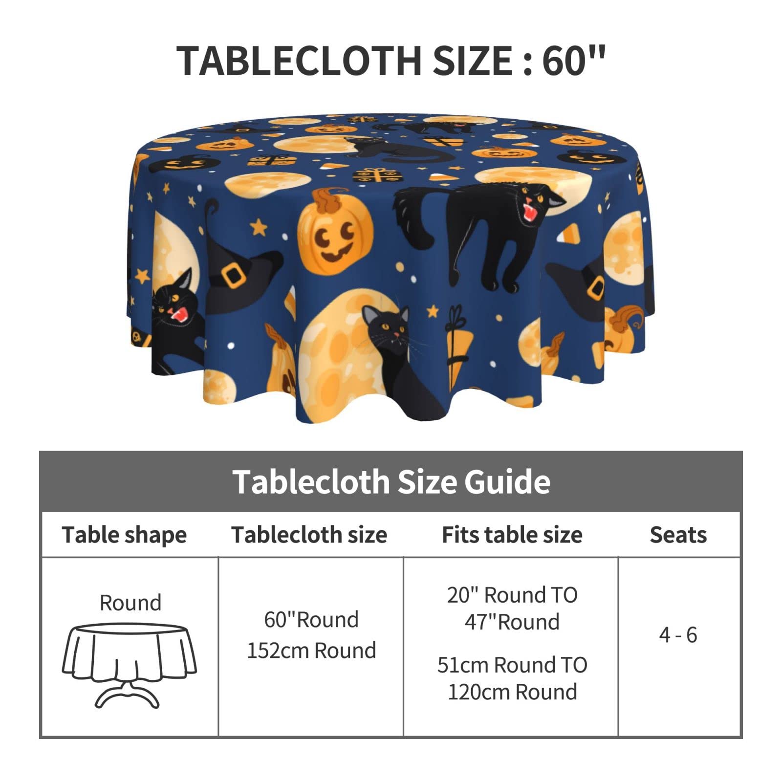 Halloween Pattern Tablecloth Round Table Cover Washable Polyester Table Cloth For Kitchen Party Picnic Dining Decor Halloween De